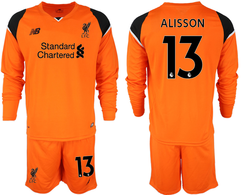 2018-19 Liverpool 13 ALISSON Orange Long Sleeve Goalkeeper Soccer Jersey