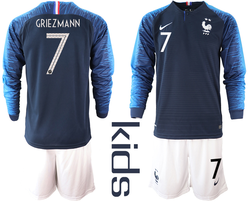 France 7 GRIEZMANN Home Youth 2018 FIFA World Cup Long Sleeve Soccer Jersey