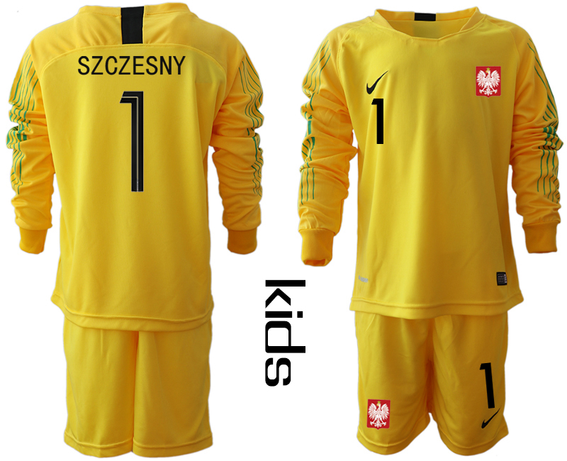 Poland 1 SZCZESNY Yellow Youth 2018 FIFA World Cup Long Sleeve Goalkeeper Soccer Jersey