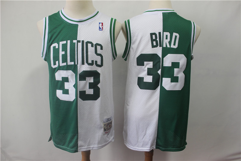 Celtics 33 Larry Bird Green White Split 1985-86 Hardwood Classics Jersey