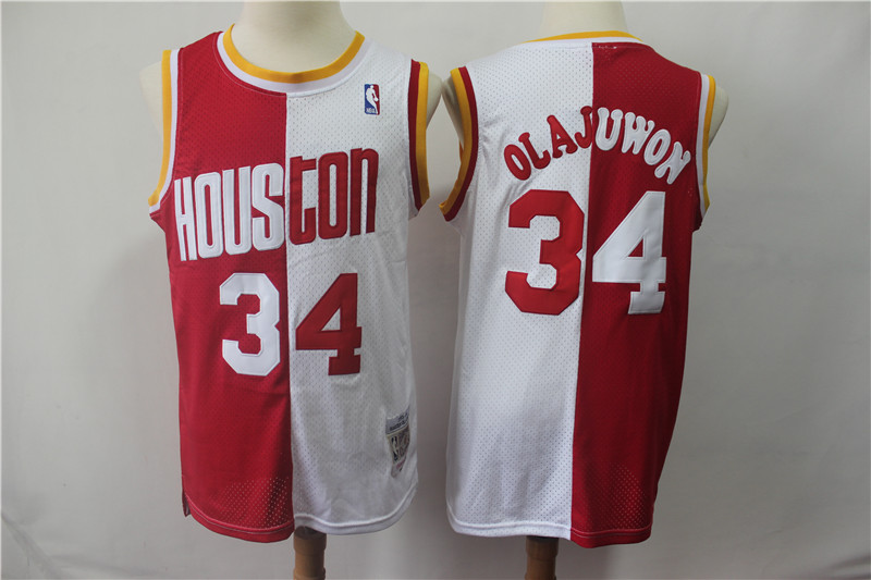 Rockets 34 Hakeem Olajuwon Red White Split 1993-94 Hardwood Classics Jersey