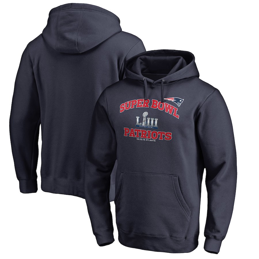 New England Patriots NFL Pro Line by Fanatics Branded Super Bowl LIII Bound Heart & Soul Pullover Hoodie Navy - Click Image to Close