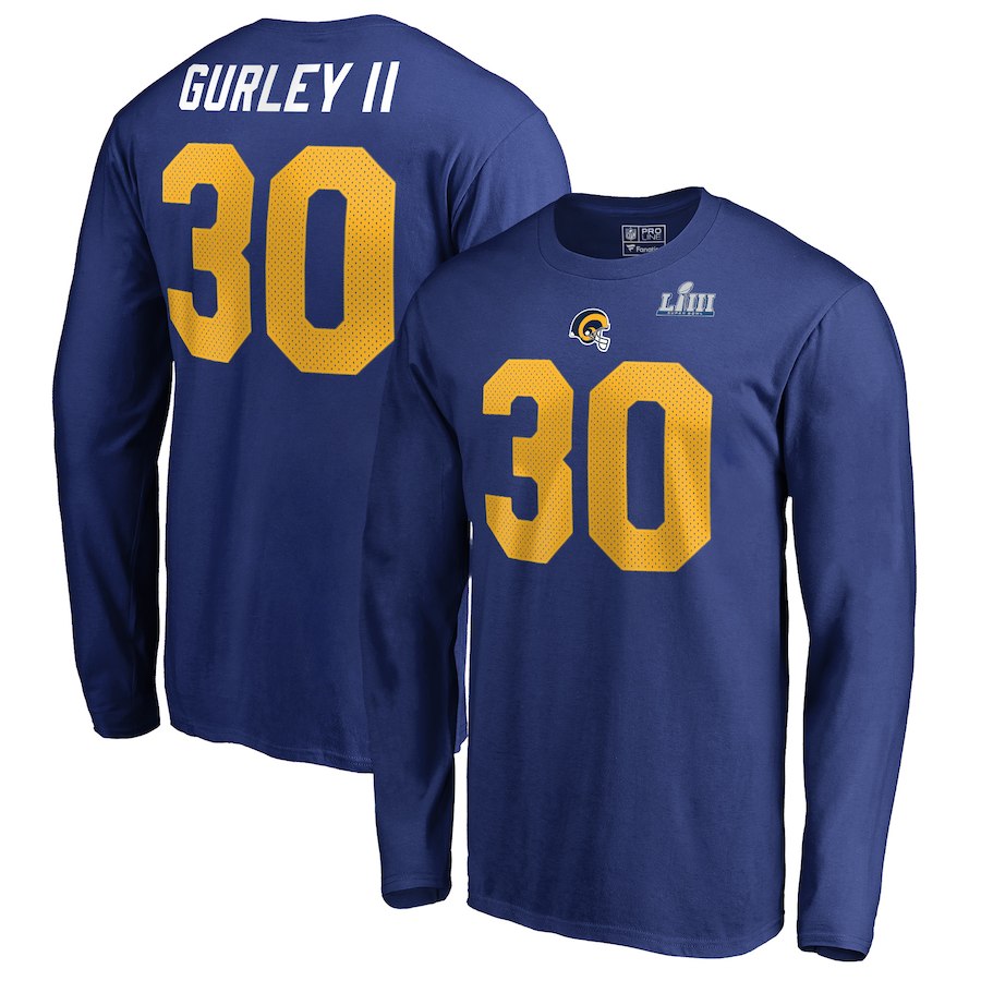 Los Angeles Rams 30 Todd Gurley II NFL Pro Line by Fanatics Branded Super Bowl LIII Bound Eligible Receiver Name & Number Long Sleeve T-Shirt Royal