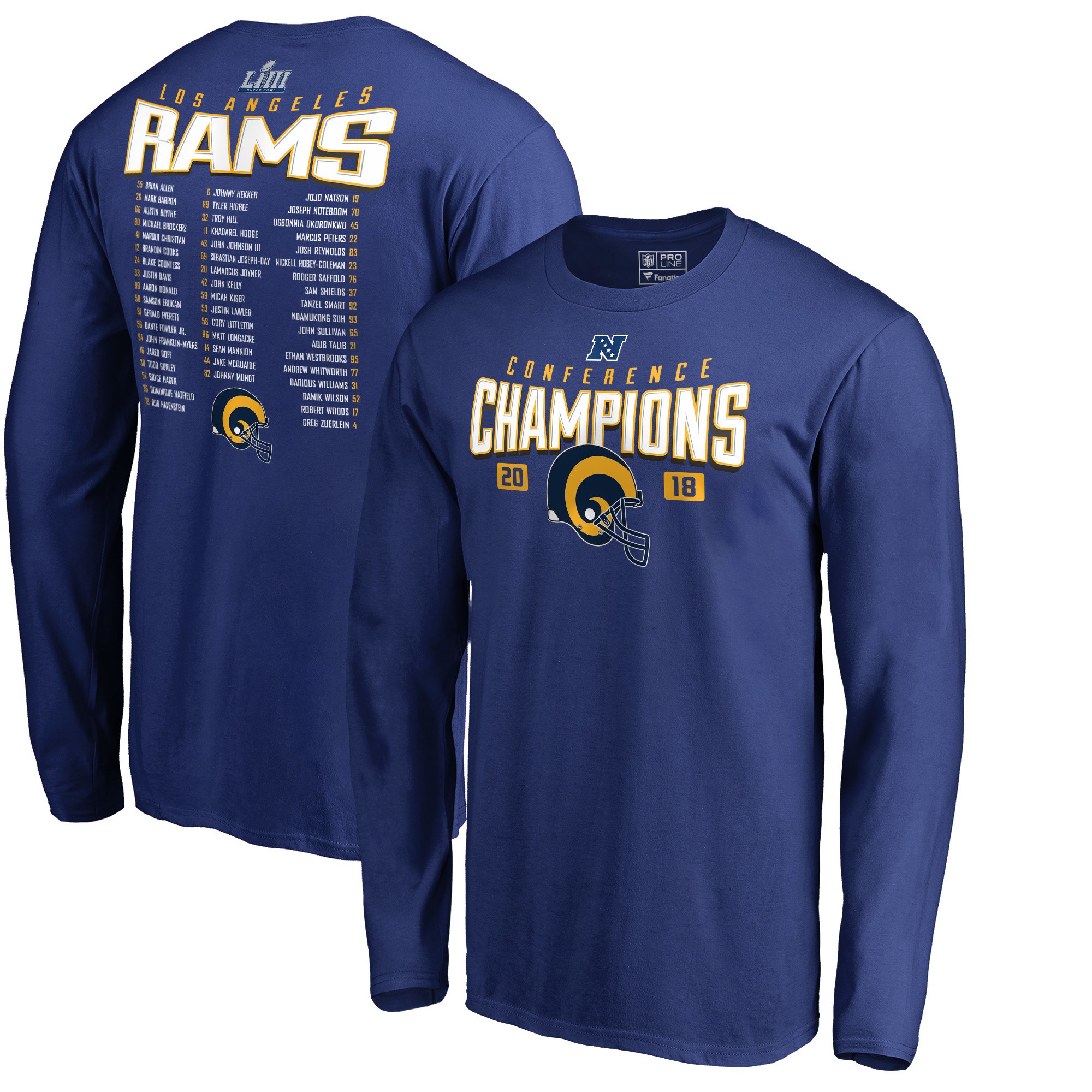 Los Angeles Rams NFL Pro Line by Fanatics Branded 2018 NFC Champions Free Safety Roster Long Sleeve T-Shirt Royal - Click Image to Close