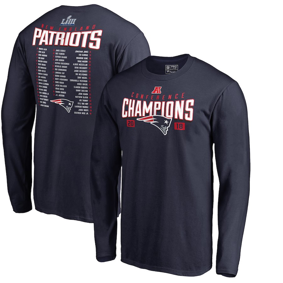 New England Patriots NFL Pro Line by Fanatics Branded 2018 AFC Champions Free Safety Roster Long Sleeve T-Shirt Navy