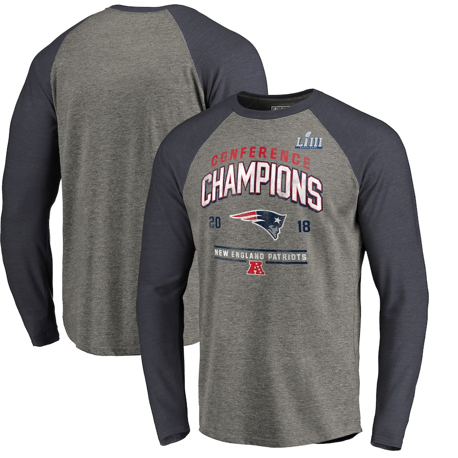 New England Patriots NFL Pro Line by Fanatics Branded 2018 AFC Champions Halfback Sweep Raglan Long Sleeve T-Shirt Heather Gray