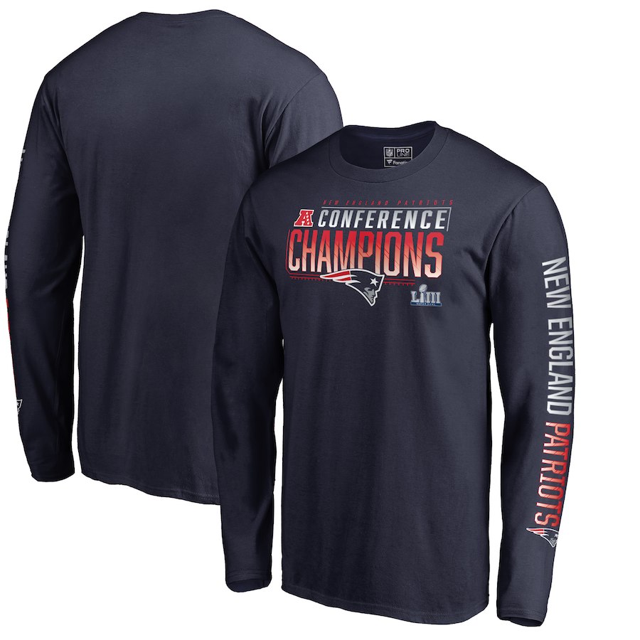 New England Patriots NFL Pro Line by Fanatics Branded 2018 AFC Champions Touchback Long Sleeve T-Shirt Navy - Click Image to Close