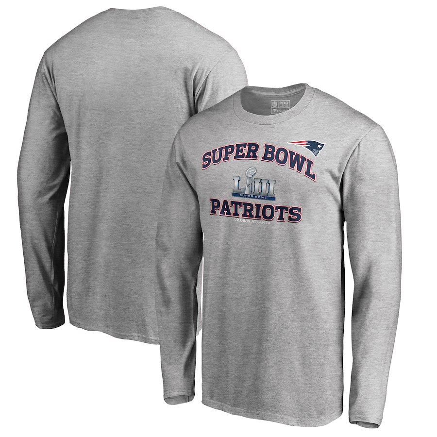 New England Patriots NFL Pro Line by Fanatics Branded Super Bowl LIII Bound Heart & Soul Long Sleeve T-Shirt Heather Gray - Click Image to Close
