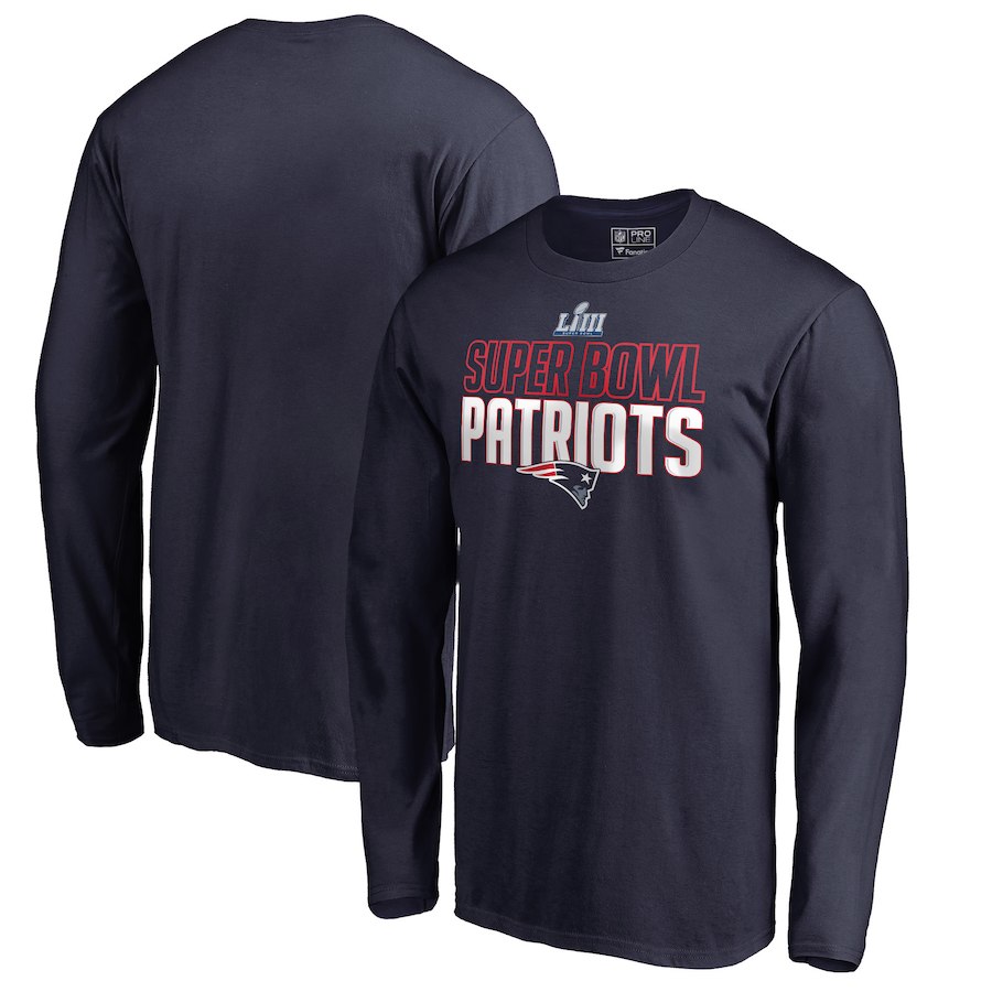 New England Patriots NFL Pro Line by Fanatics Branded Super Bowl LIII Bound Safety Blitz Long Sleeve T-Shirt Navy - Click Image to Close