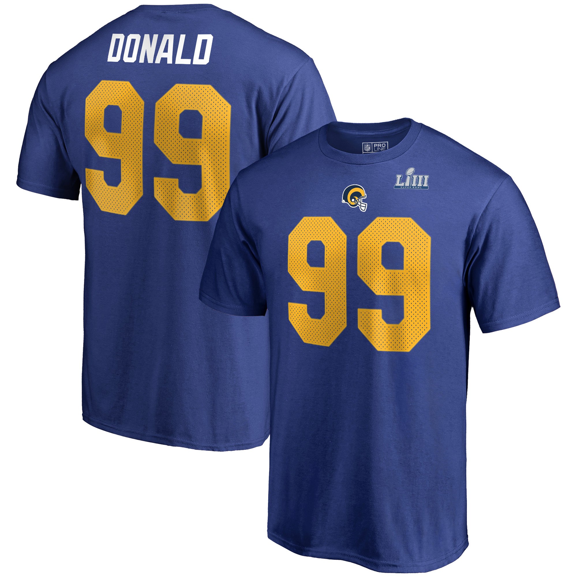 Los Angeles Rams 99 Aaron Donald NFL Pro Line by Fanatics Branded Super Bowl LIII Bound Eligible Receiver Name & Number T-Shirt Royal