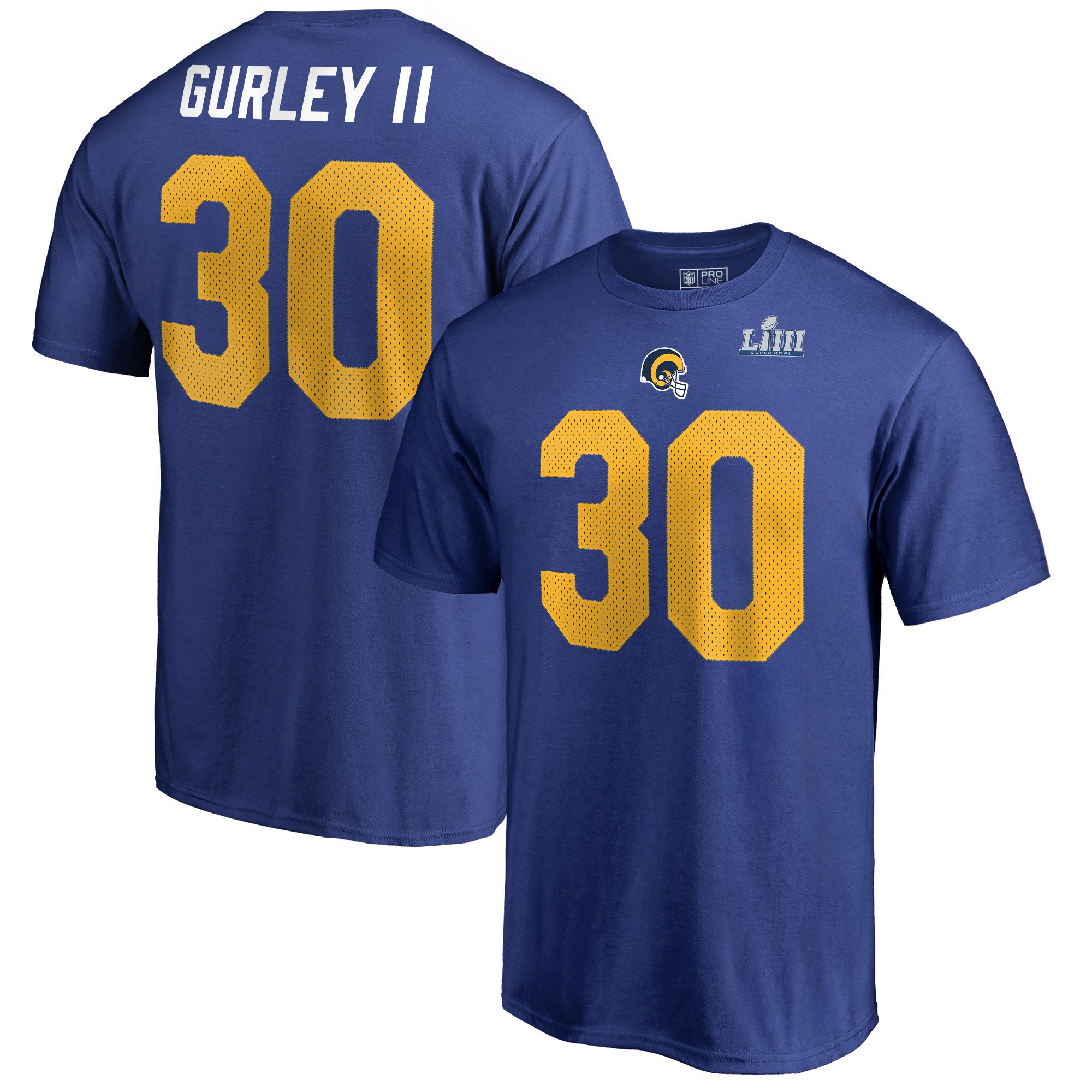 Los Angeles Rams 30 Todd Gurley II NFL Pro Line by Fanatics Branded Super Bowl LIII Bound Eligible Receiver Name & Number T-Shirt Royal