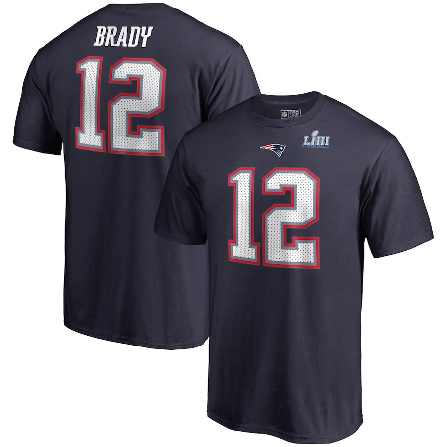 New England Patriots 12 Tom Brady NFL Pro Line by Fanatics Branded Super Bowl LIII Bound Eligible Receiver Name & Number T-Shirt Navy