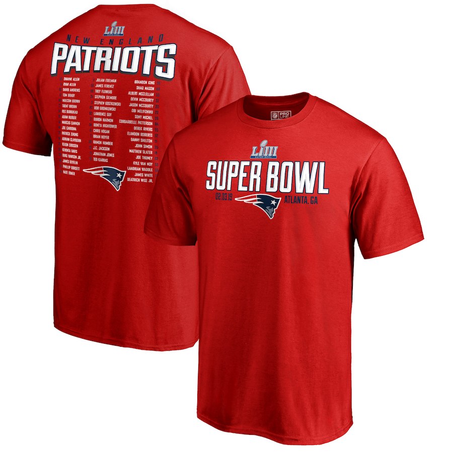 New England Patriots NFL Pro Line by Fanatics Branded Super Bowl LIII Bound Safety Blitz Roster T-Shirt Red