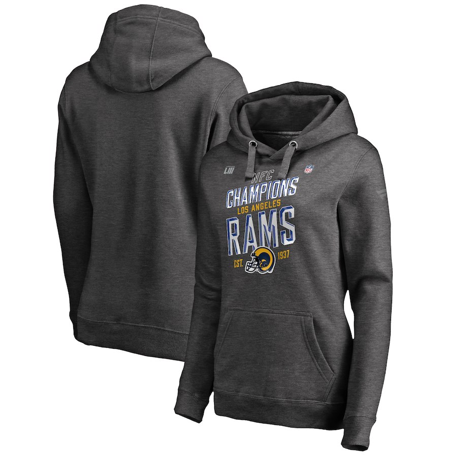Los Angeles Rams NFL Pro Line by Fanatics Branded Women's 2018 NFC Champions Trophy Collection Locker Room Pullover Hoodie Heather Charcoal