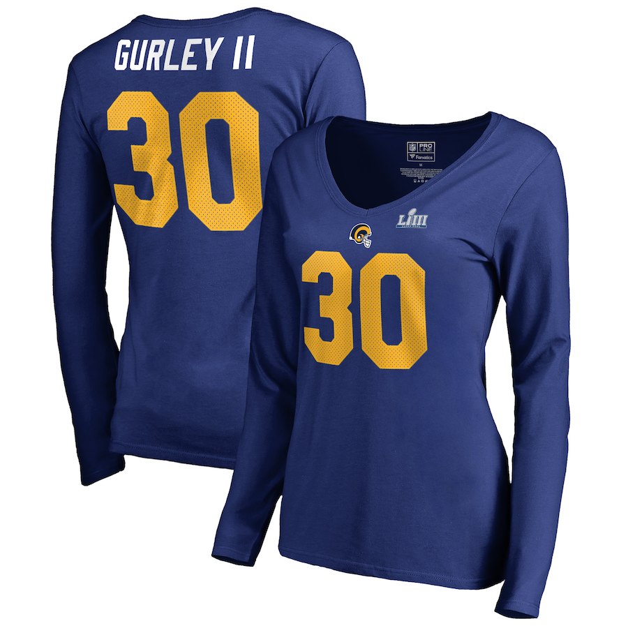 Los Angeles Rams 30 Todd Gurley II NFL Pro Line by Fanatics Branded Women's Super Bowl LIII Bound Eligible Receiver Name & Number V Neck Long Sleeve T-Shirt Royal