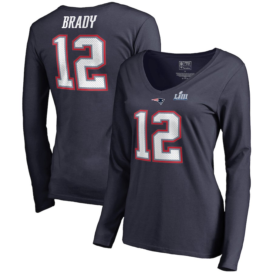 New England Patriots 12 Tom Brady NFL Pro Line by Fanatics Branded Women's Super Bowl LIII Bound Eligible Receiver Name & Number V Neck Long Sleeve T-Shirt Navy
