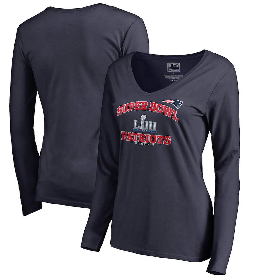New England Patriots NFL Pro Line by Fanatics Branded Women's Super Bowl LIII Bound Heart and Soul Long Sleeve V Neck T-Shirt Navy