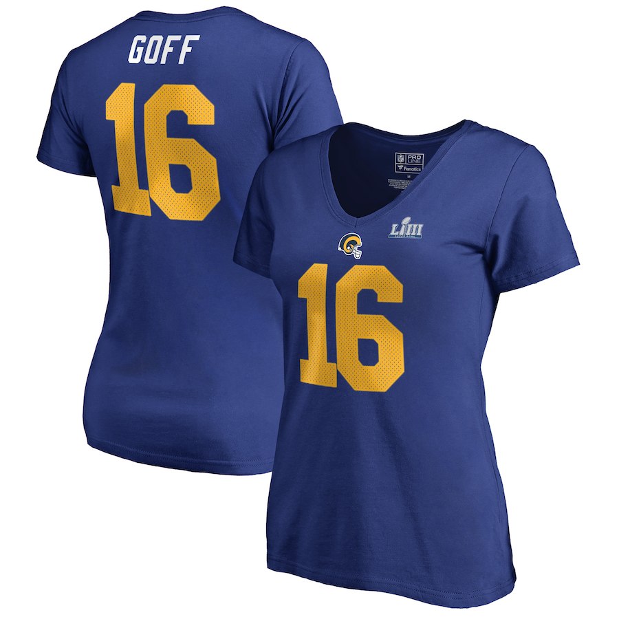 Los Angeles Rams 16 Jared Goff NFL Pro Line by Fanatics Branded Women's Super Bowl LIII Bound Eligible Receiver Name & Number V Neck T-Shirt Royal