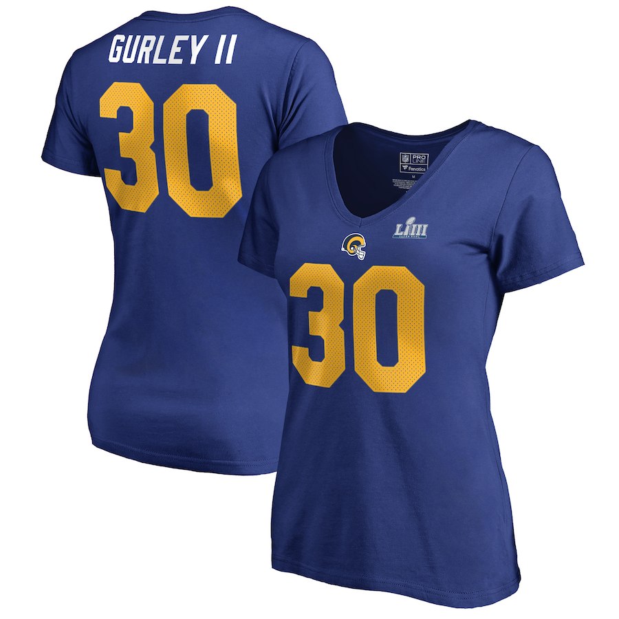 Los Angeles Rams 30 Todd Gurley II NFL Pro Line by Fanatics Branded Women's Super Bowl LIII Bound Eligible Receiver Name & Number V Neck T-Shirt Royal