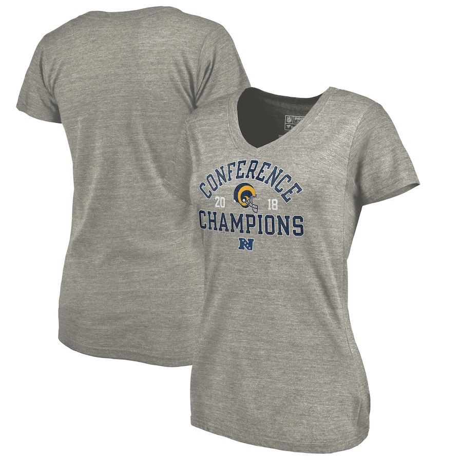 Los Angeles Rams NFL Pro Line by Fanatics Branded Women's 2018 NFC Champions Scrimmage V Neck T-Shirt Heather Gray