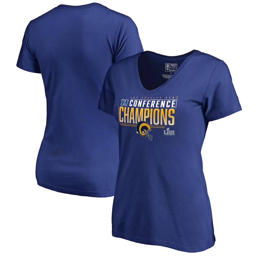 Los Angeles Rams NFL Pro Line by Fanatics Branded Women's 2018 NFC Champions Touchback V Neck T-Shirt Royal