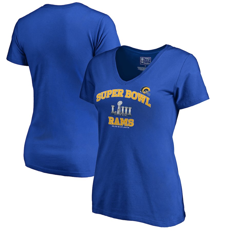 Los Angeles Rams NFL Pro Line by Fanatics Branded Women's Super Bowl LIII Bound Heart and Soul V Neck T-Shirt Royal