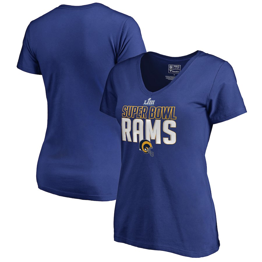 Los Angeles Rams NFL Pro Line by Fanatics Branded Women's Super Bowl LIII Bound Safety Blitz V Neck T-Shirt Royal