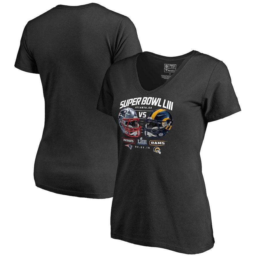 Los Angeles Rams vs. New England Patriots NFL Pro Line by Fanatics Branded Women's Super Bowl LIII Dueling Chair Route V Neck T-Shirt Black - Click Image to Close
