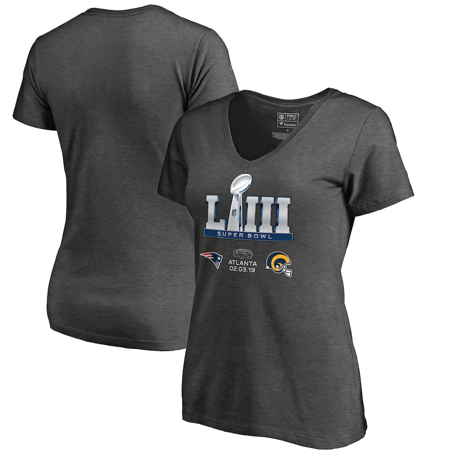 Los Angeles Rams vs. New England Patriots NFL Pro Line by Fanatics Branded Women's Super Bowl LIII Dueling Logo Trophy V Neck T-Shirt Heather Charcoal - Click Image to Close