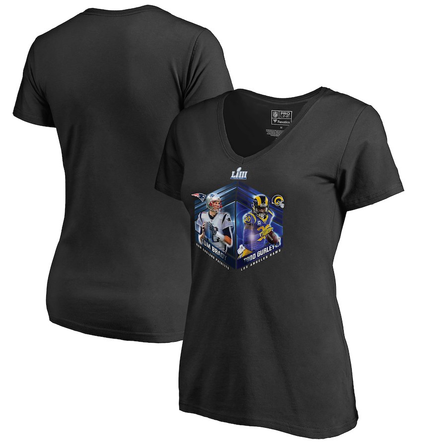 Los Angeles Rams vs. New England Patriots NFL Pro Line by Fanatics Branded Women's Super Bowl LIII Dueling Player Matchup Audible V Neck T-Shirt Black