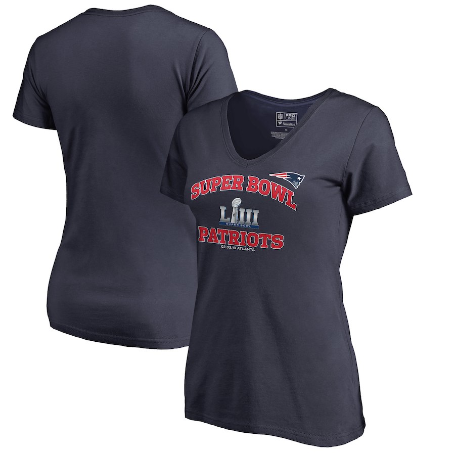 New England Patriots NFL Pro Line by Fanatics Branded Women's Super Bowl LIII Bound Heart and Soul V Neck T-Shirt Navy