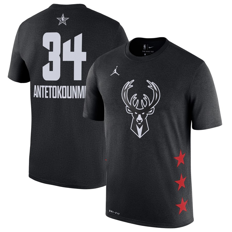 Bucks 34 Giannis Antetokounmpo Black 2019 NBA All-Star Game Men's T-Shirt - Click Image to Close