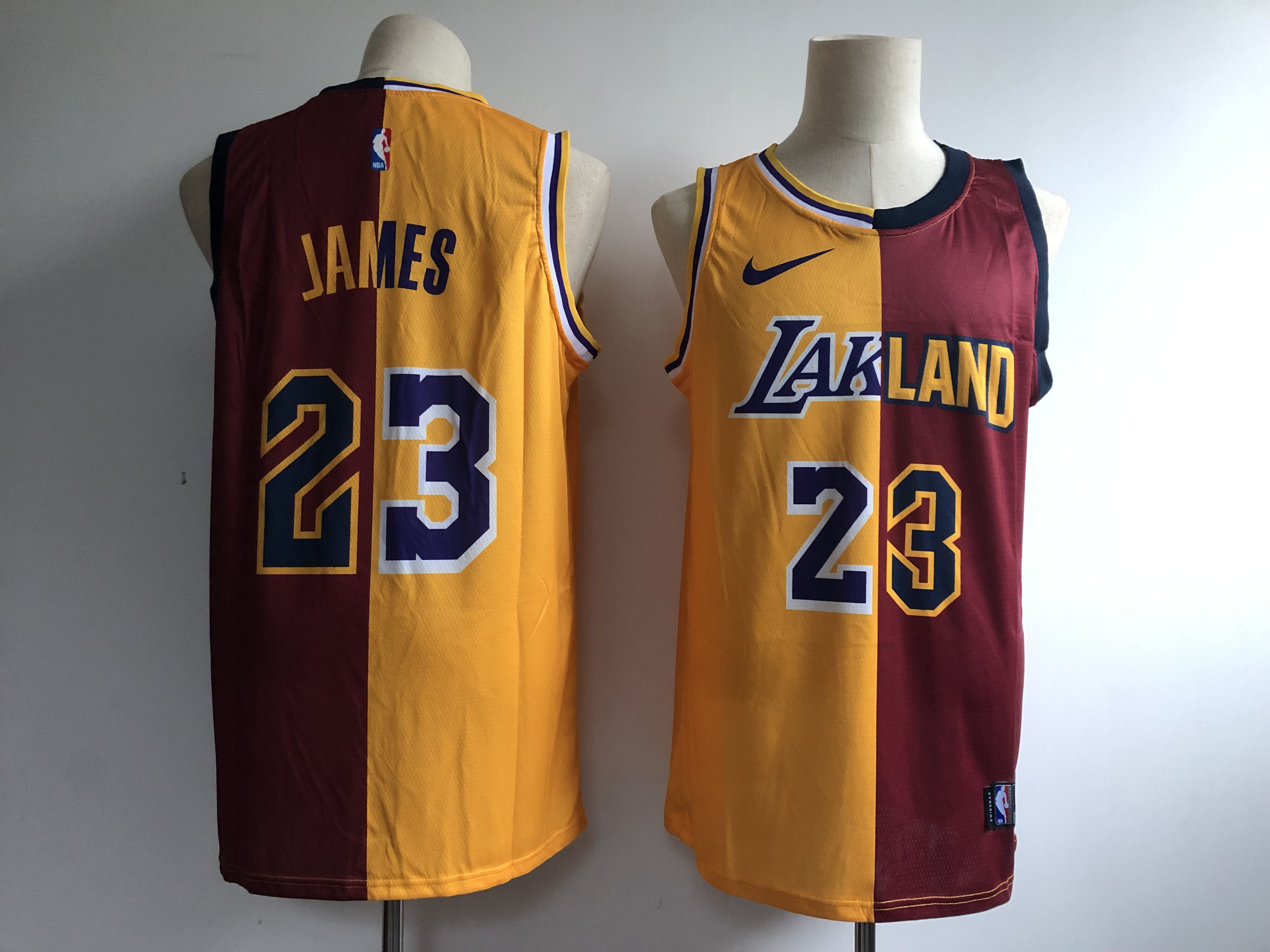 Lakers 23 Lebron James Gold Burgundy Split Nike Swingman Jersey