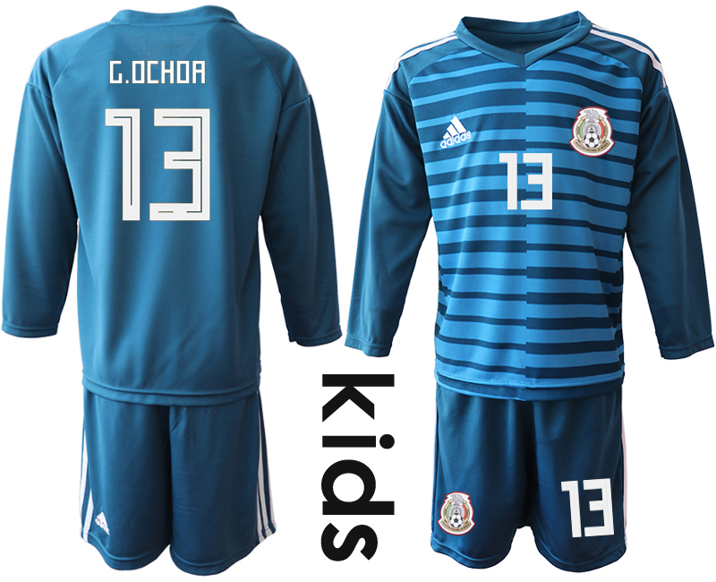 Mexico 13 G.OCHOA Blue Youth 2018 FIFA World Cup Long Sleeve Goalkeeper Soccer Jersey