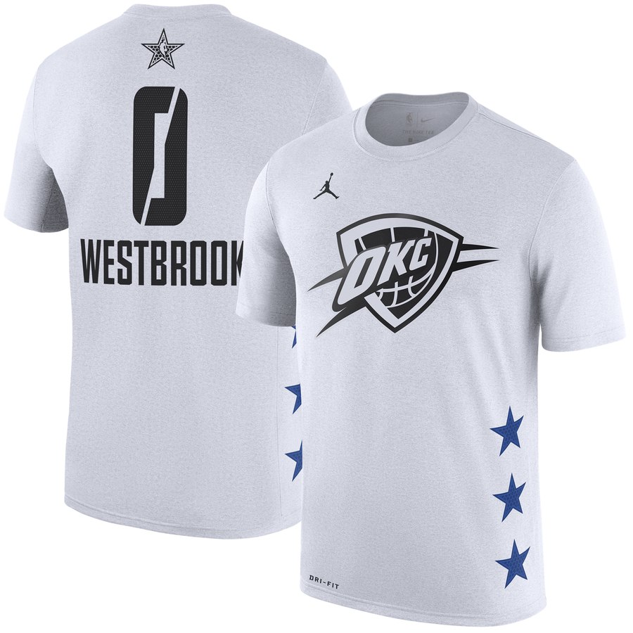 Oklahoma City Thunder 0 Russell Westbrook Jordan Brand 2019 NBA All-Star Game Name & Number T-Shirt Whhite