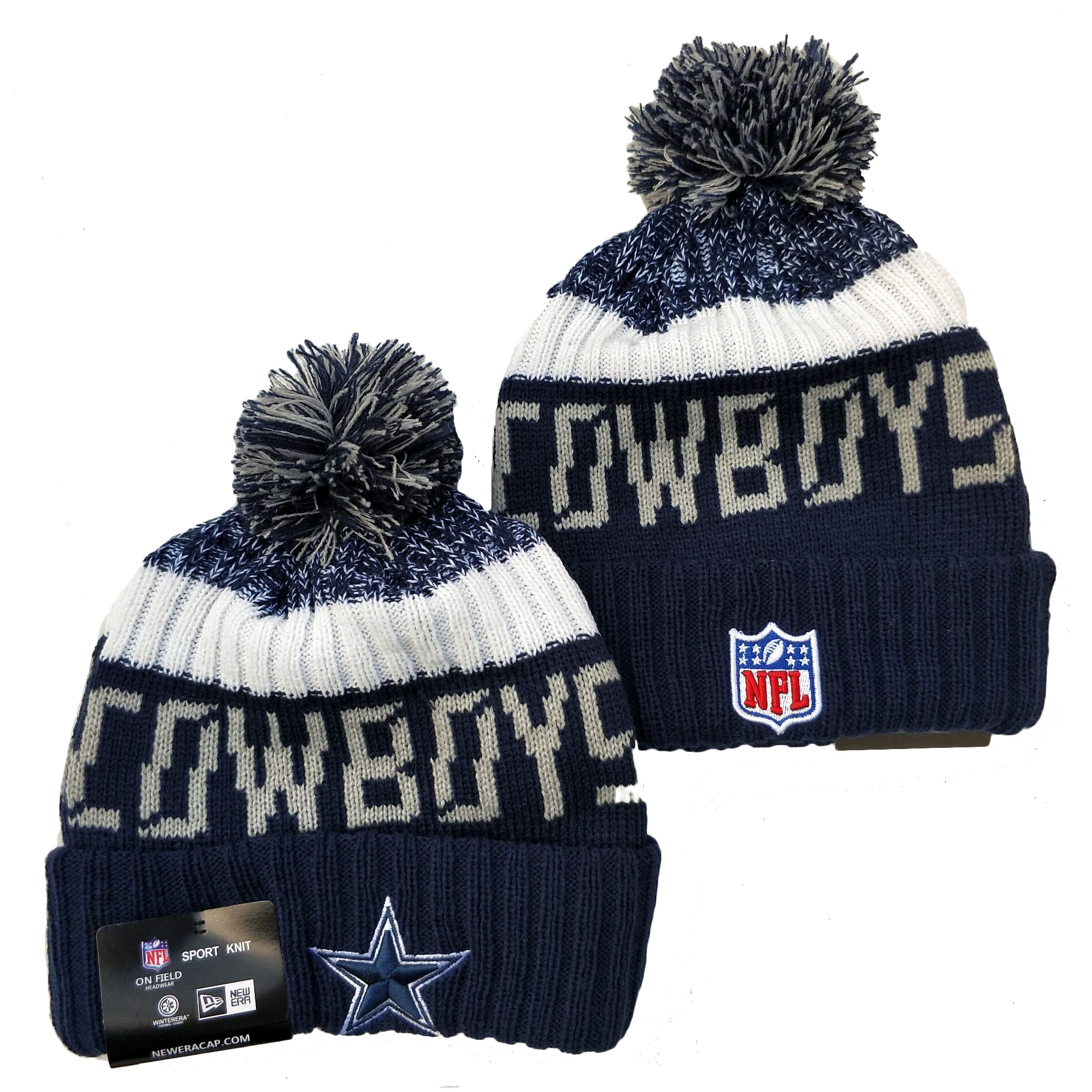 Cowboys Team Logo Navy Pom Knit Hat YD - Click Image to Close