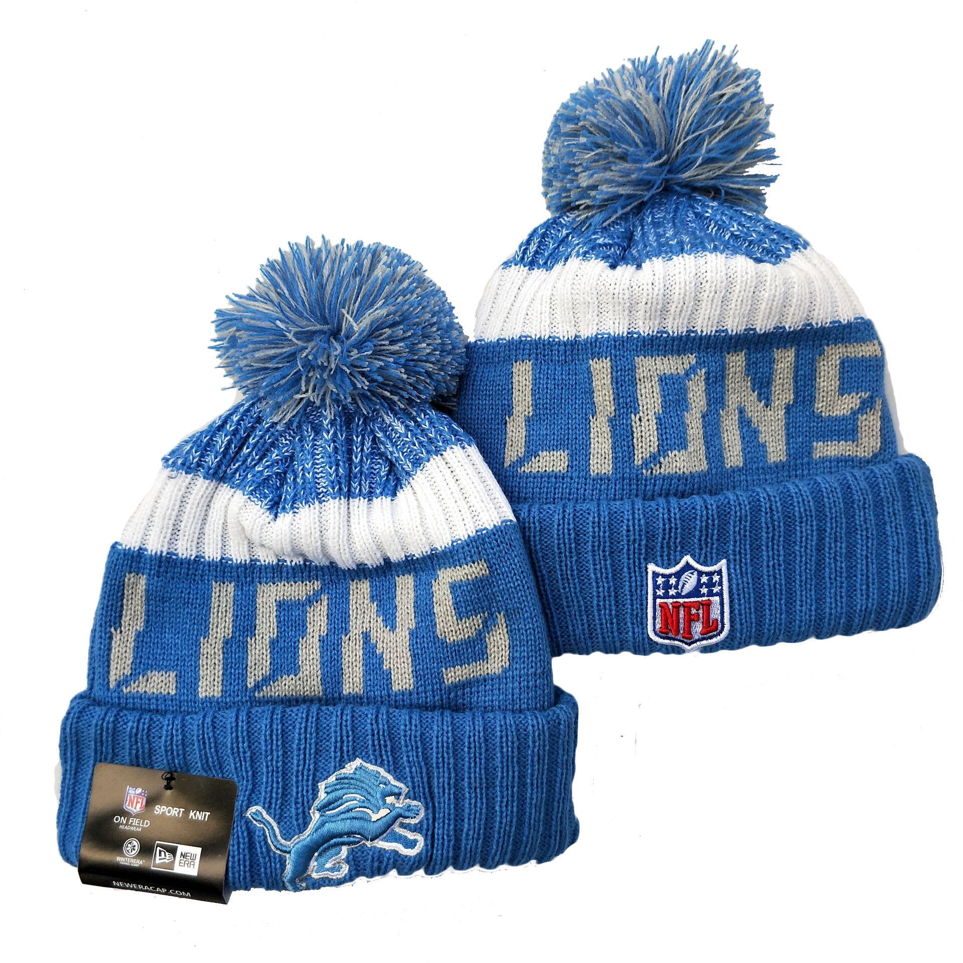 Lions Team Logo Blue Pom Knit Hat YD - Click Image to Close