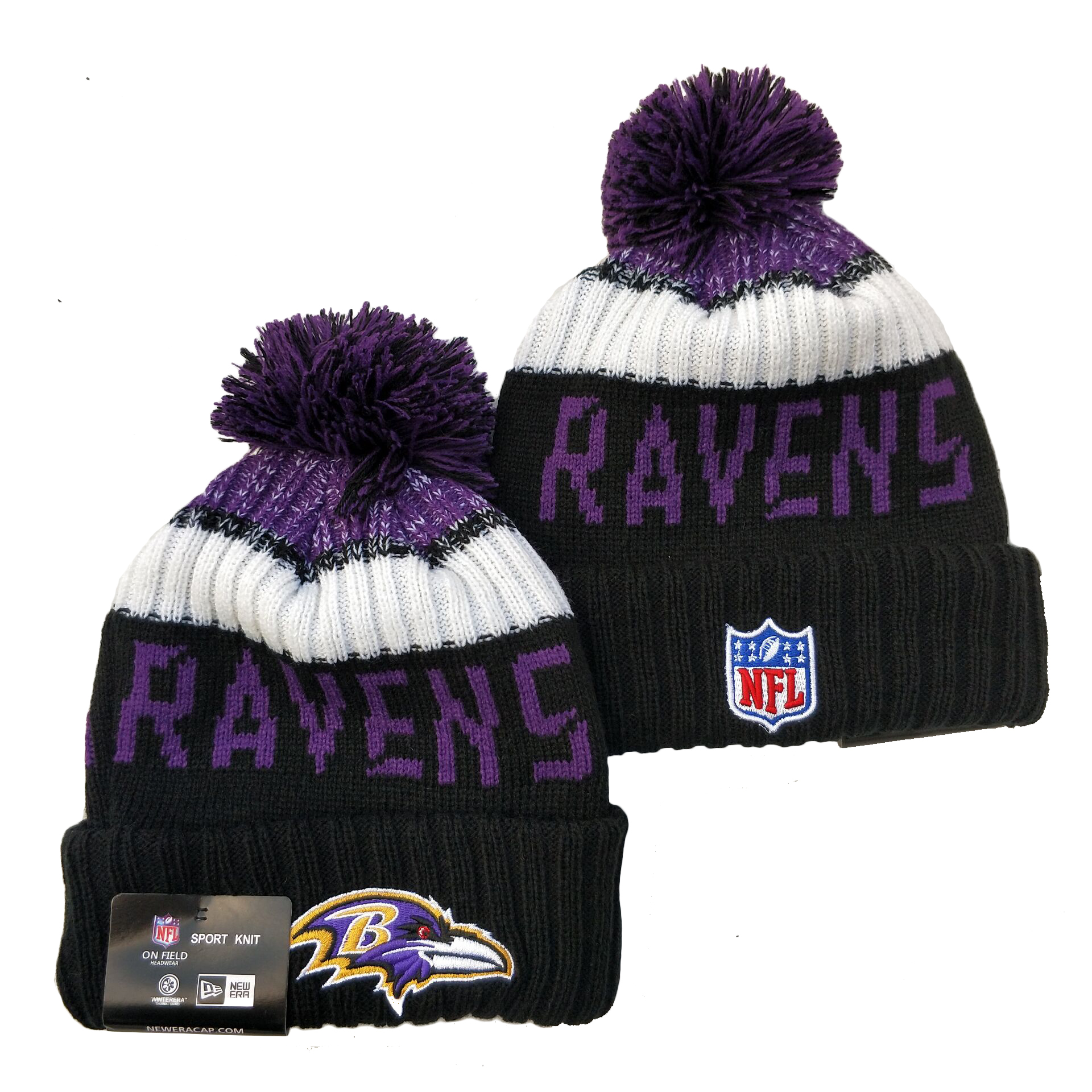 Ravens Team Logo Black Pom Knit Hat YD - Click Image to Close