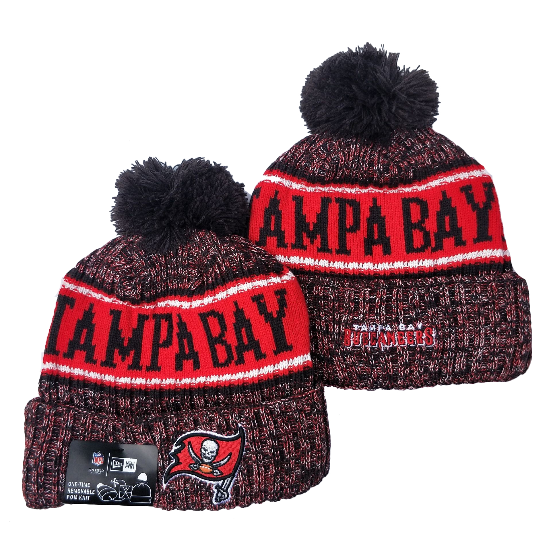 Buccaneers Team Logo Black Red Pom Knit Hat YD - Click Image to Close