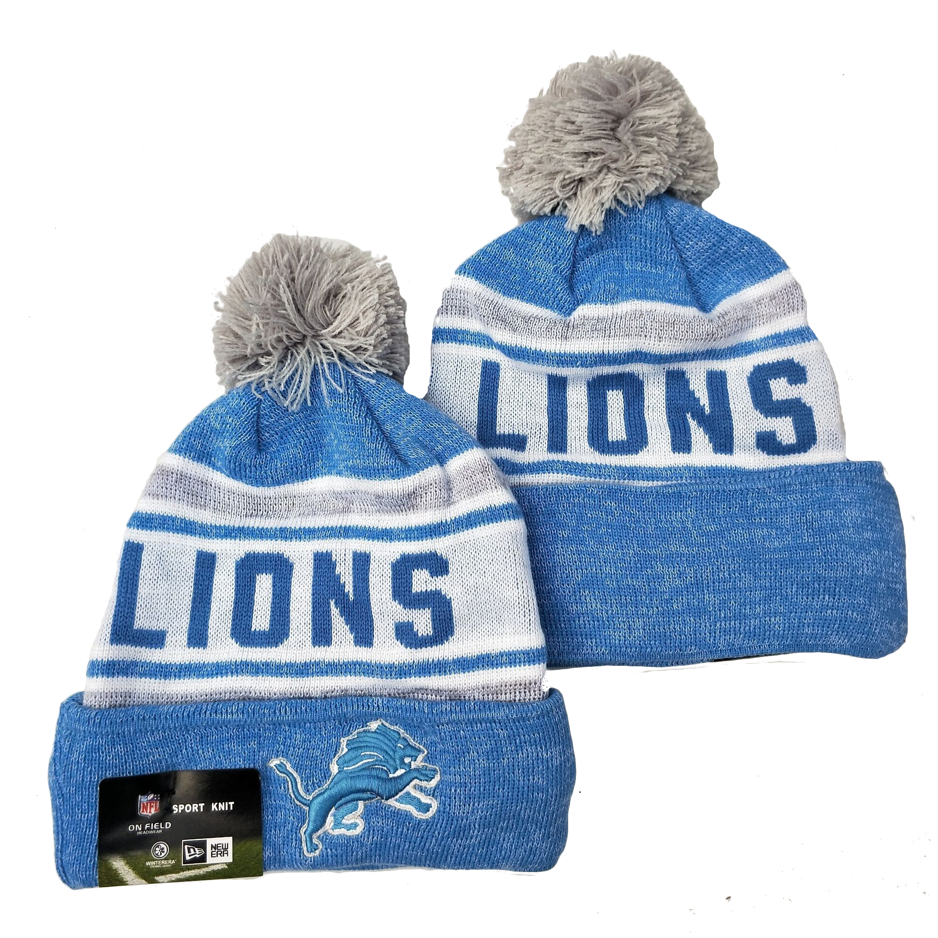Lions Team Logo Blue Gray Pom Knit Hat YD