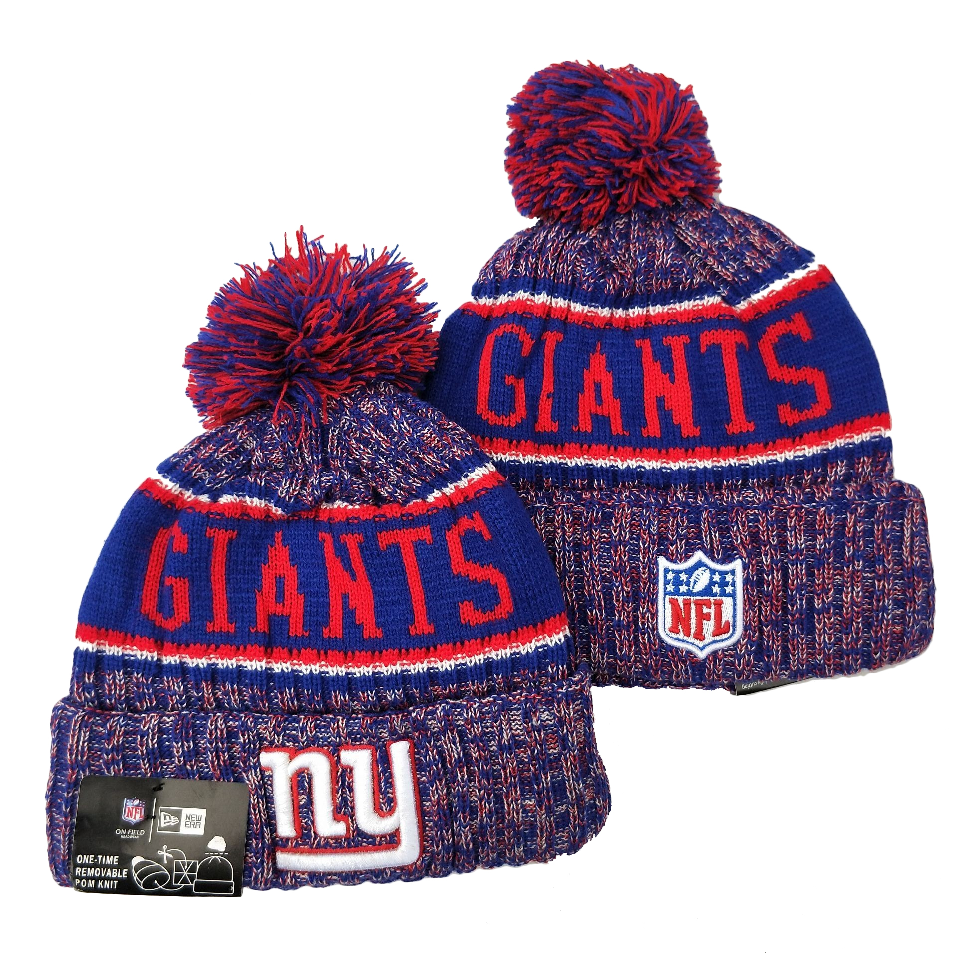 New York Giants Team Logo Royal Red Pom Knit Hat YD - Click Image to Close