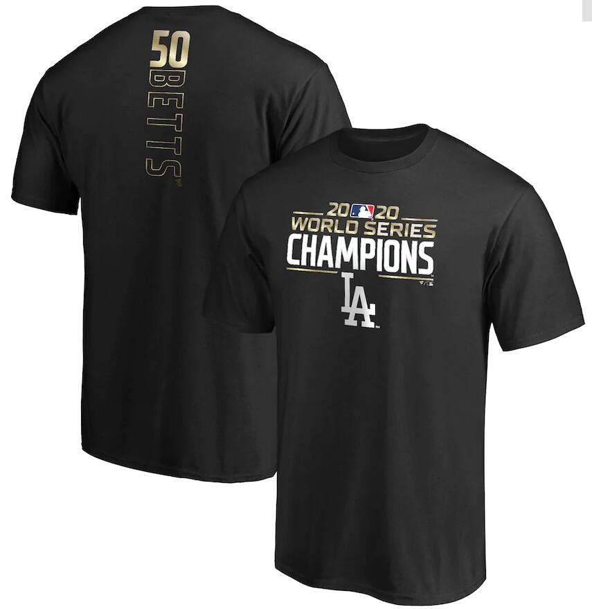 Men's Los Angeles Dodgers Mookie Betts Fanatics Branded Black 2020 World Series Champions Name & Number T-Shirt