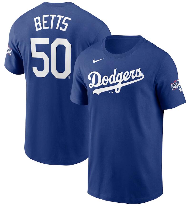 Men's Los Angeles Dodgers Mookie Betts Nike Royal 2020 World Series Champions Name & Number T-Shirt