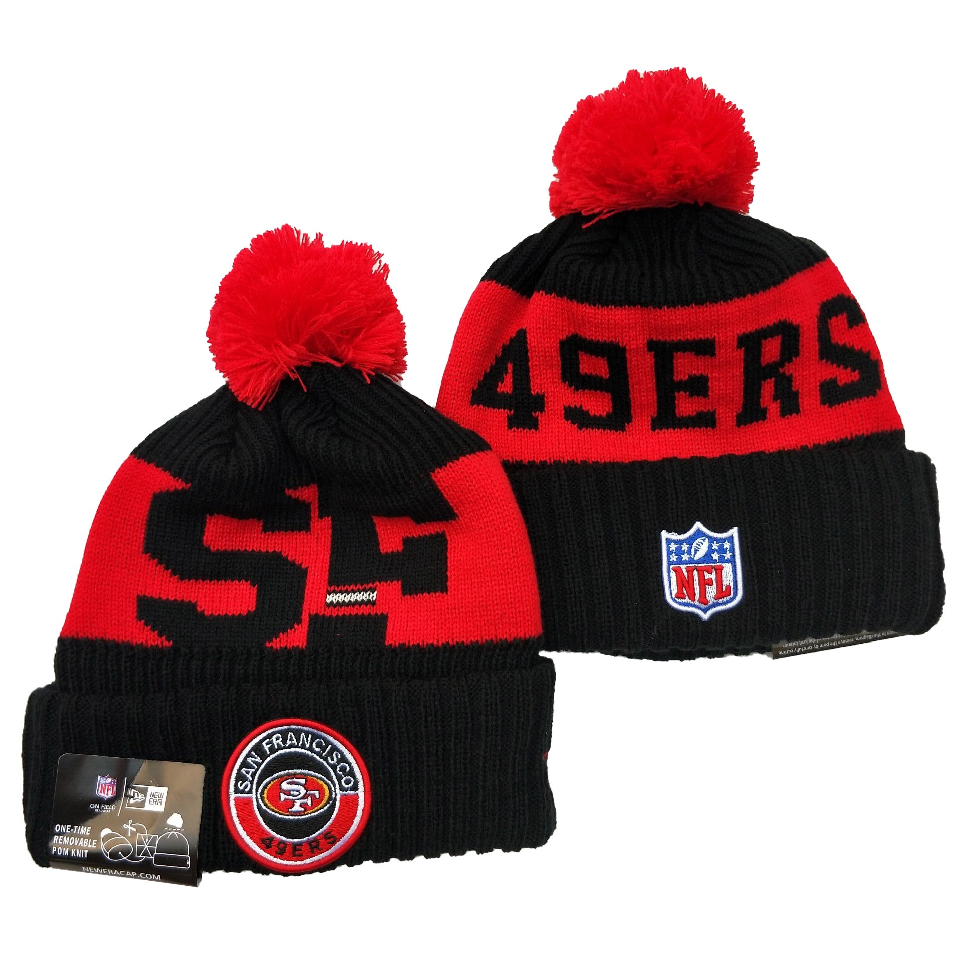 49ers Team Logo Red Black 2020 NFL Sideline Pom Cuffed Knit Hat YD