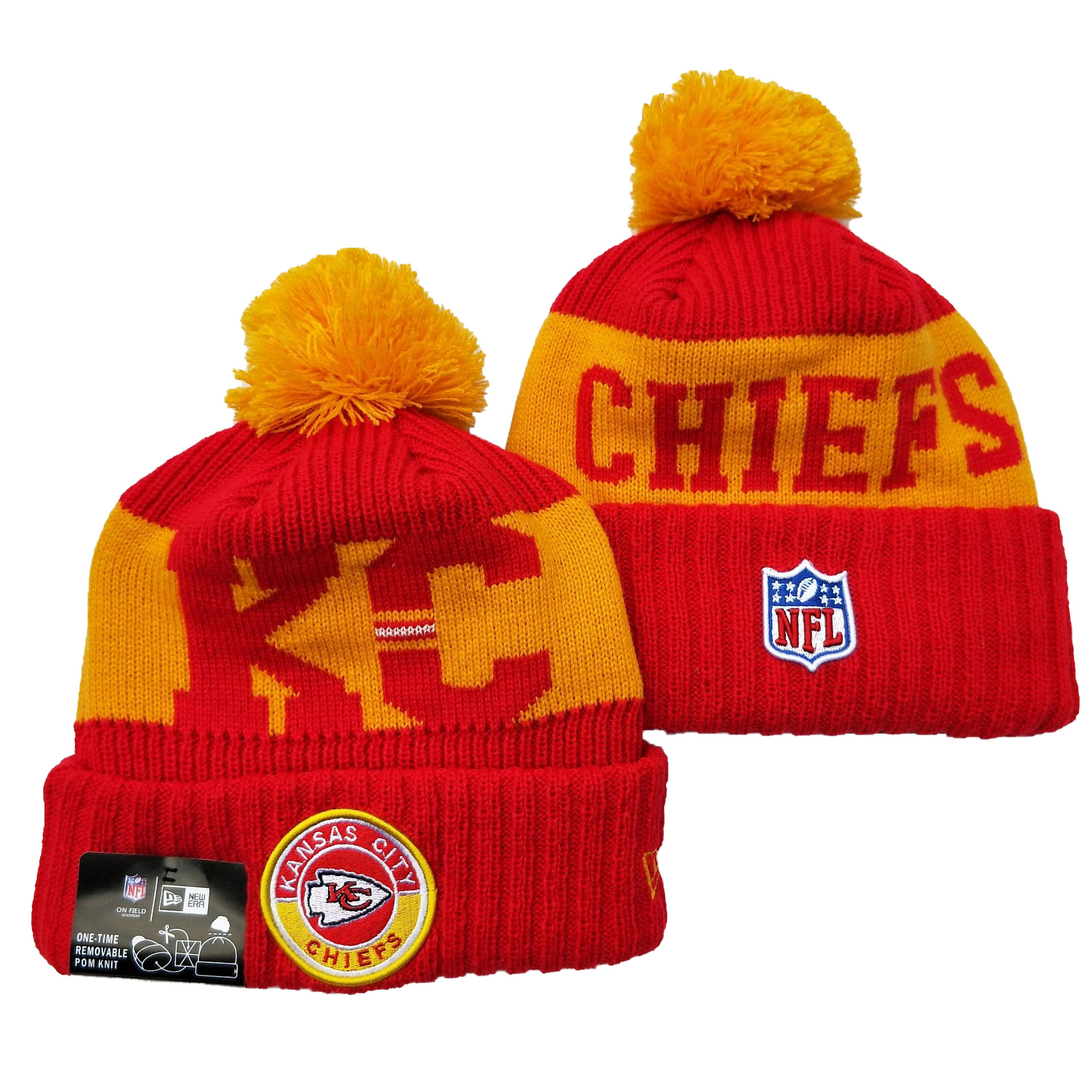Chiefs Team Logo Red 2020 NFL Sideline Pom Cuffed Knit Hat YD - Click Image to Close