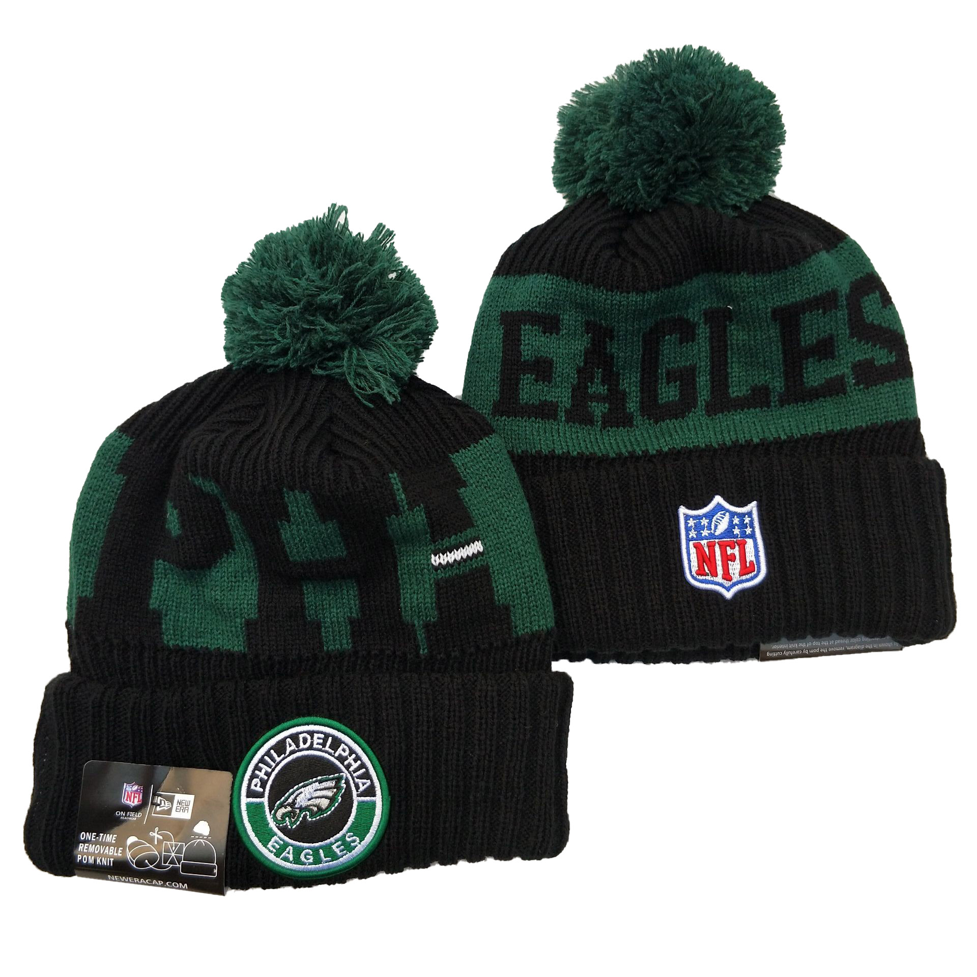 Eagles Team Logo Black 2020 NFL Sideline Pom Cuffed Knit Hat YD