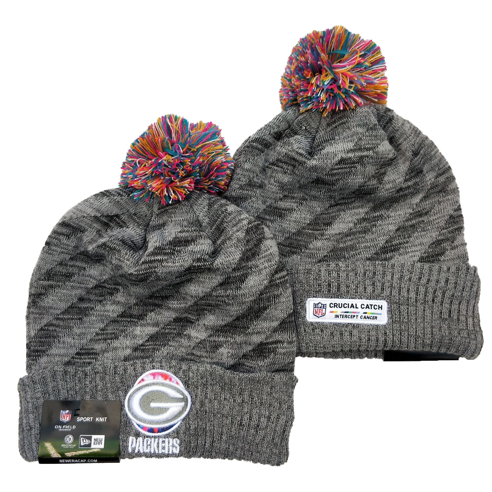 Packers Team Logo Gray 2020 NFL Crucial Catch Sport Pom Cuffed Knit Hat YD - Click Image to Close