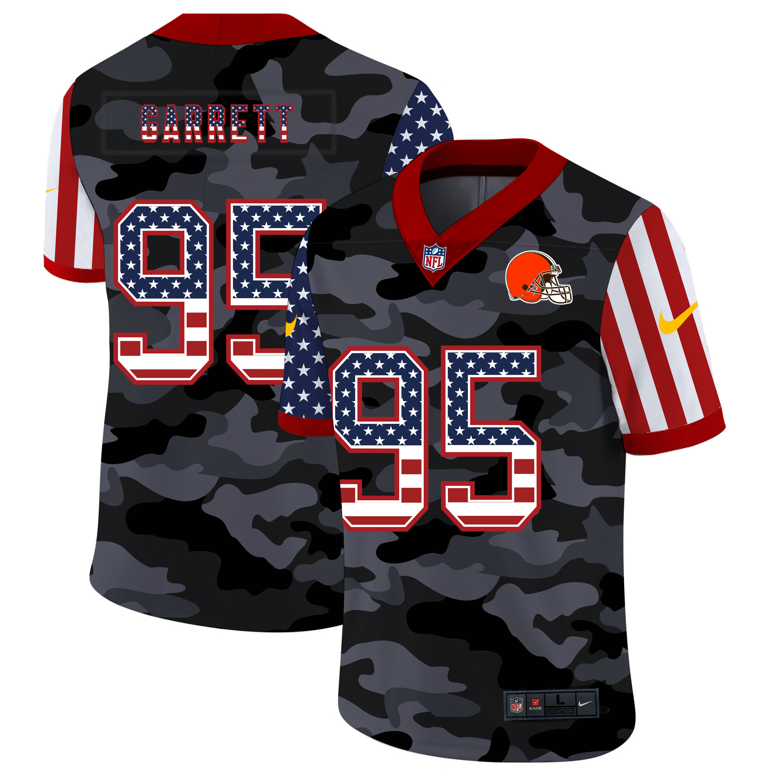 Nike Browns 95 Myles Garrett Camo 2020 USA Flag Salute to Service Limited Jersey - Click Image to Close