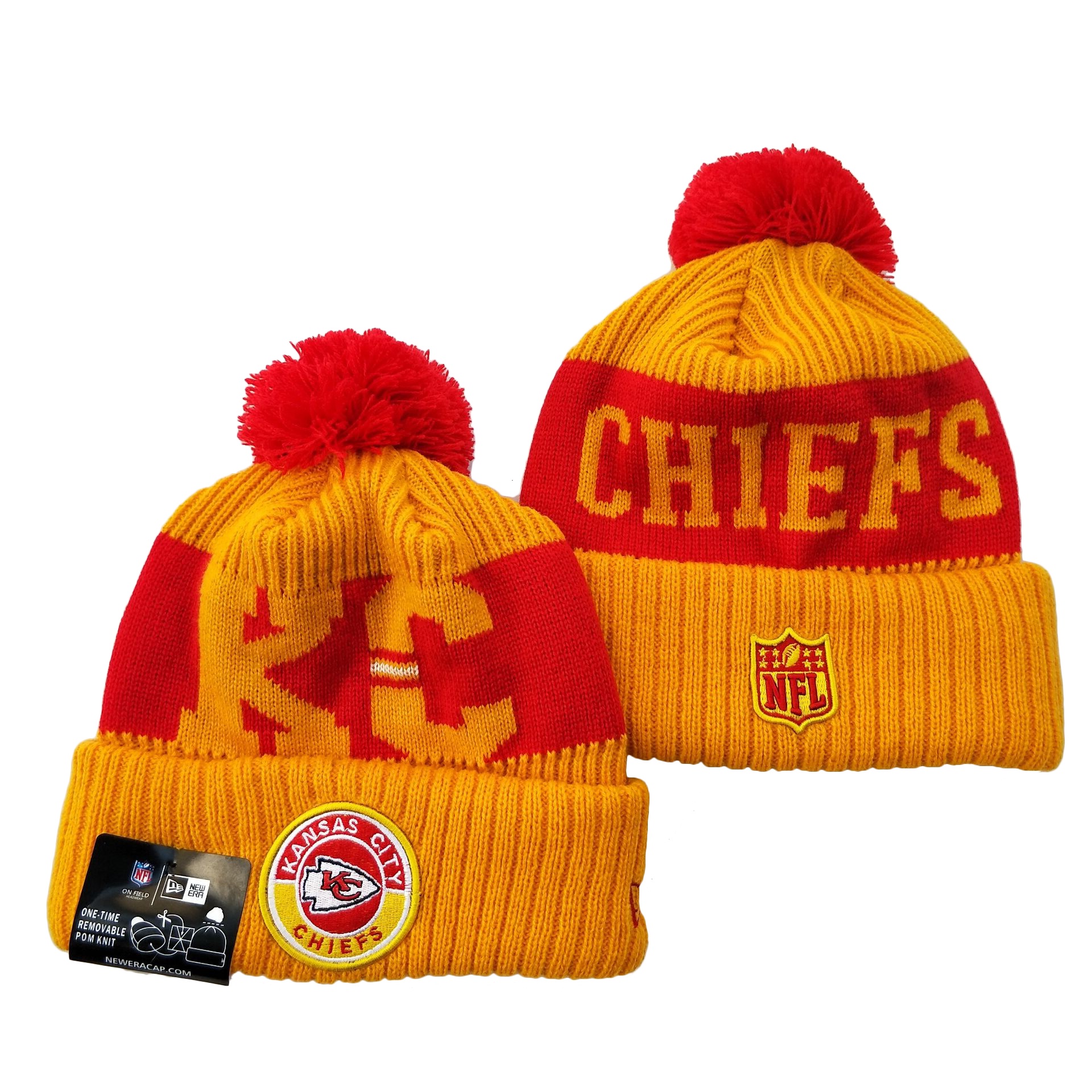 Chiefs Team Logo Yellow 2020 NFL Sideline Pom Cuffed Knit Hat YD - Click Image to Close