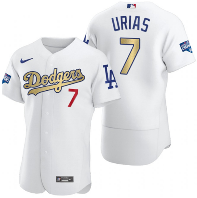 Dodgers 7 Julio Urias White Gold Nike 2020 World Series Champions Flexbase Jersey